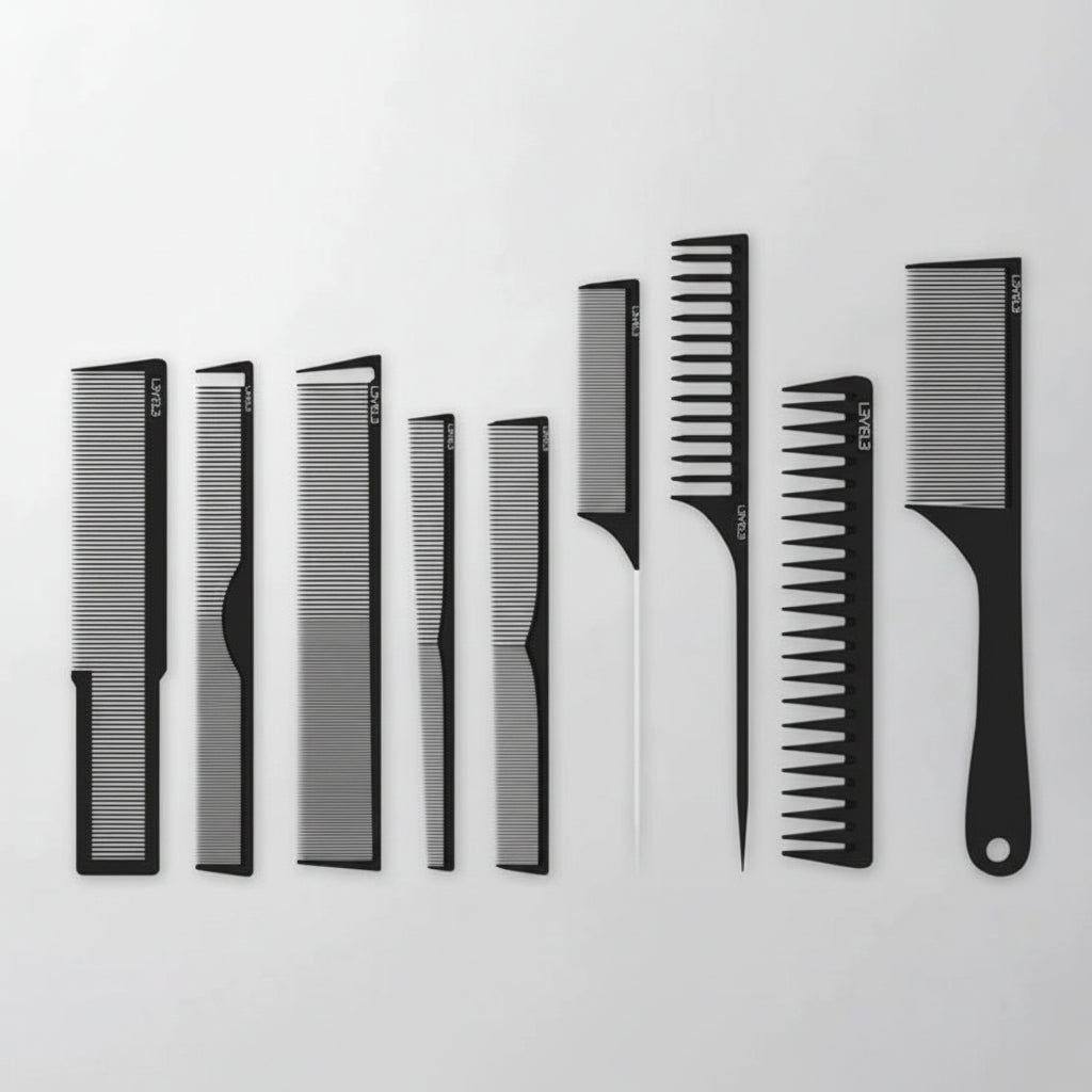 L3VEL3 9-piece hair styling comb set product image for barber and salon styling work.
