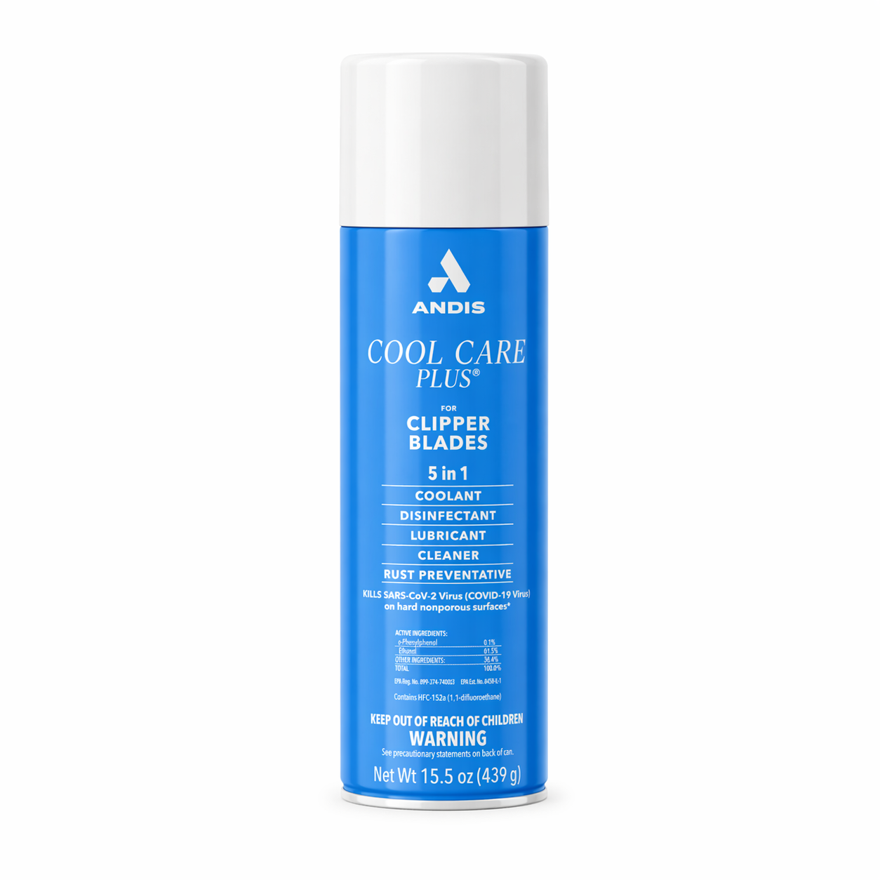 Blue can of Andis Cool Care Plus for clipper blades on a white background