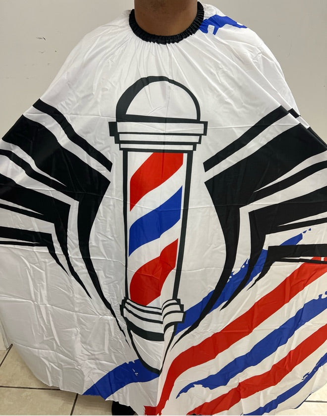 Barber Cape with barber pole design product image for professional haircutting service.