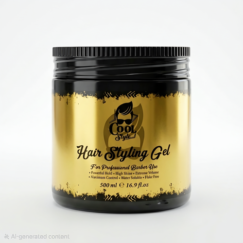 Hair styling gel jar with black and gold design on a white background