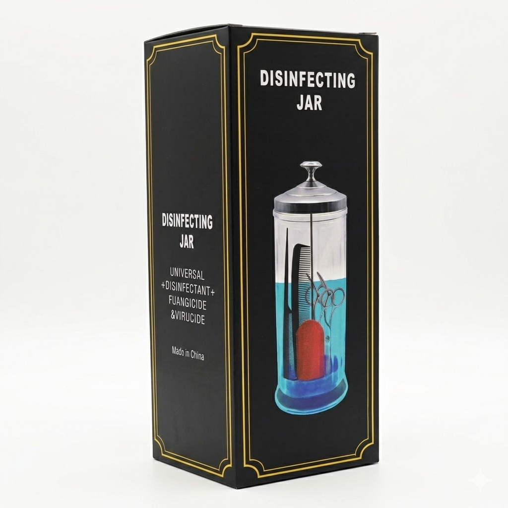 Barber disinfectant jar packaging product image for tool sanitation and station setup.