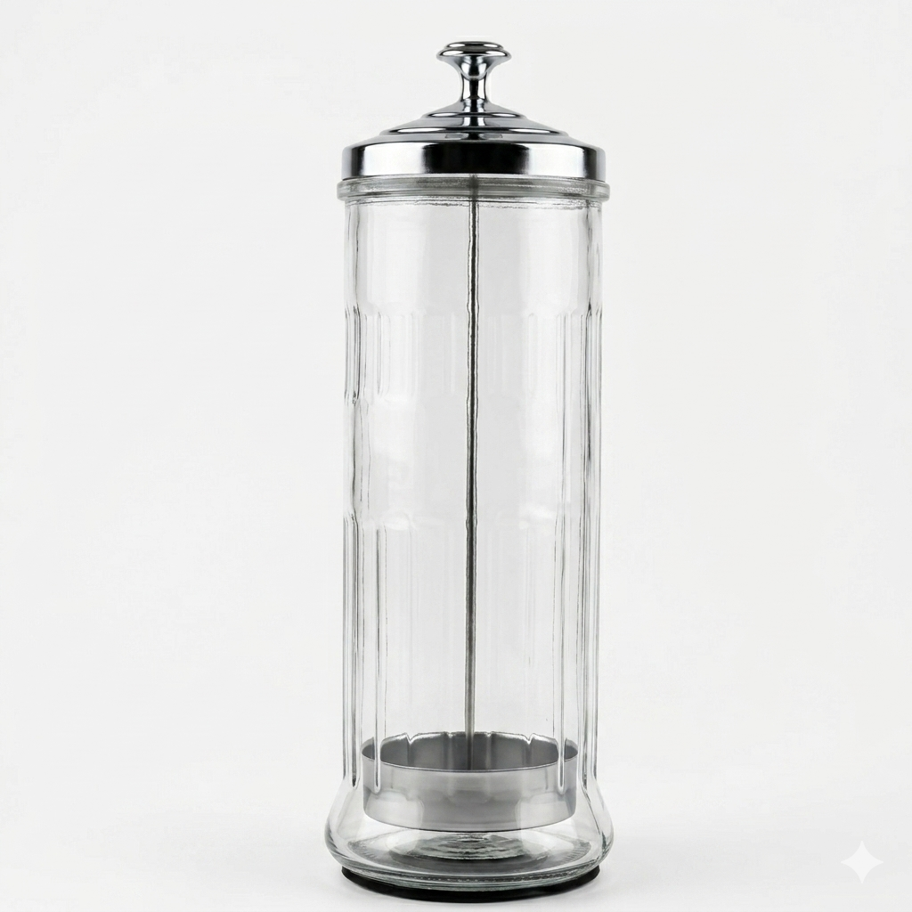Barber disinfectant jar product image for tool sanitation and barbershop station setup.
