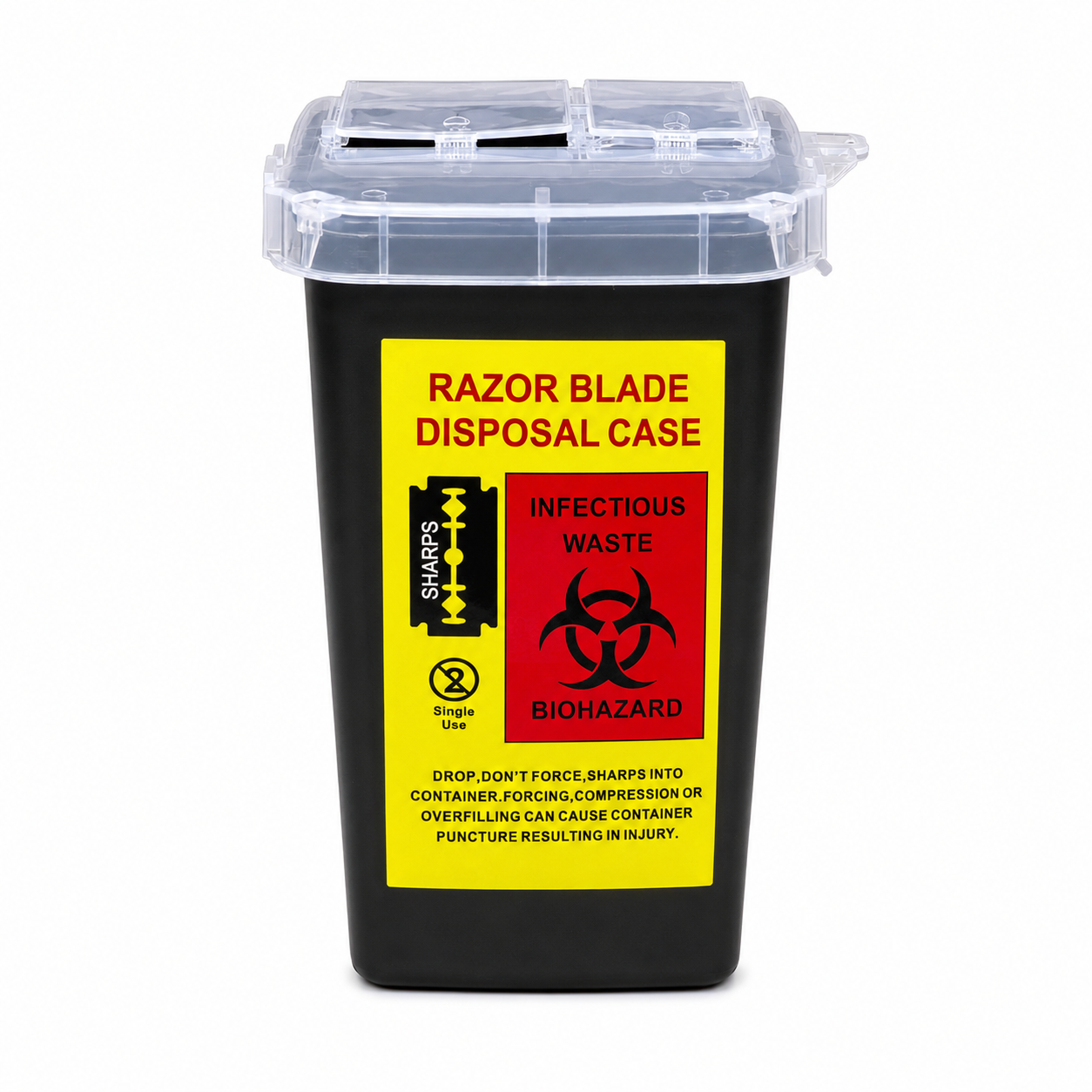 Razor blade disposal container product image for barber station sanitation and blade disposal.