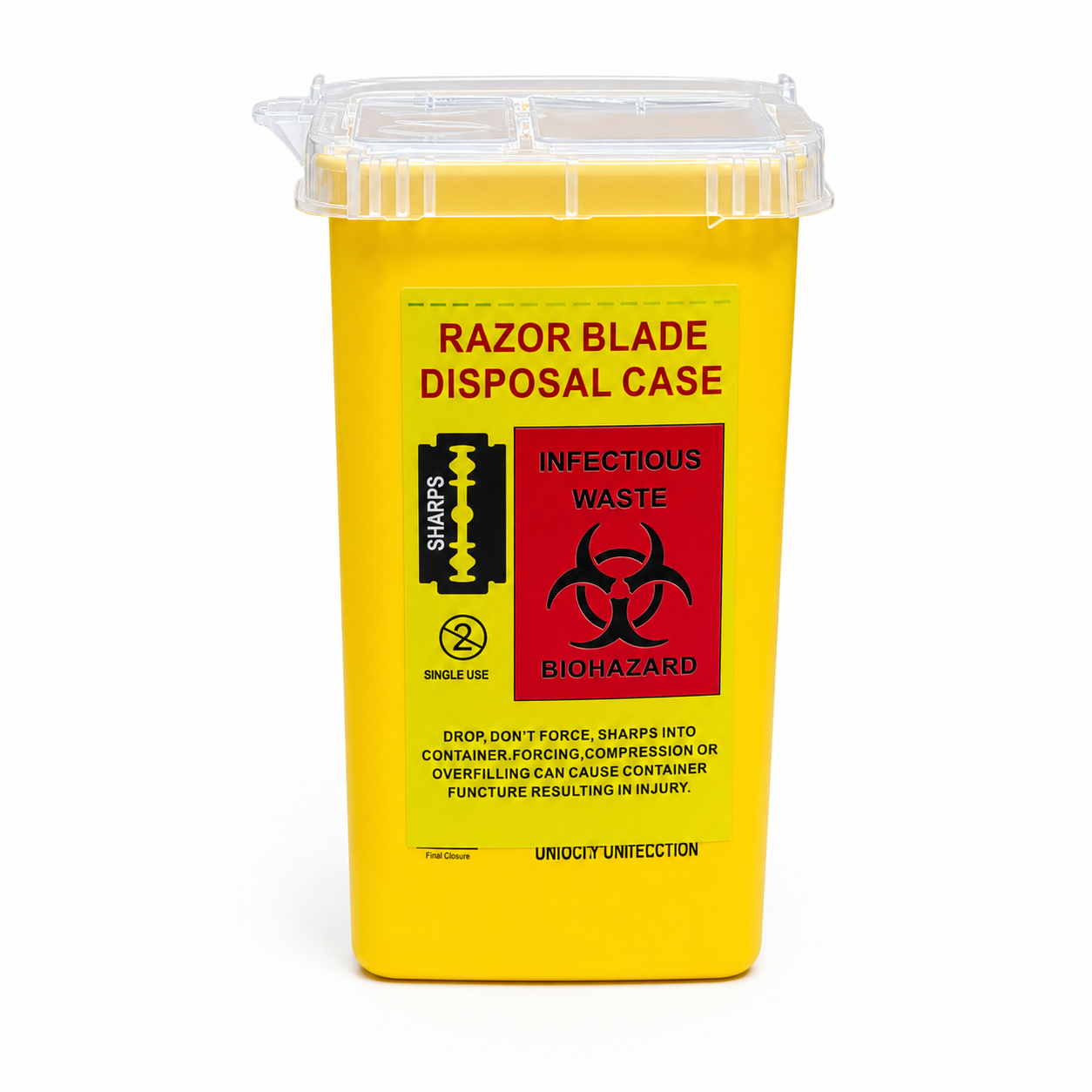 Razor blade disposal container product image with biohazard label for barber sanitation.