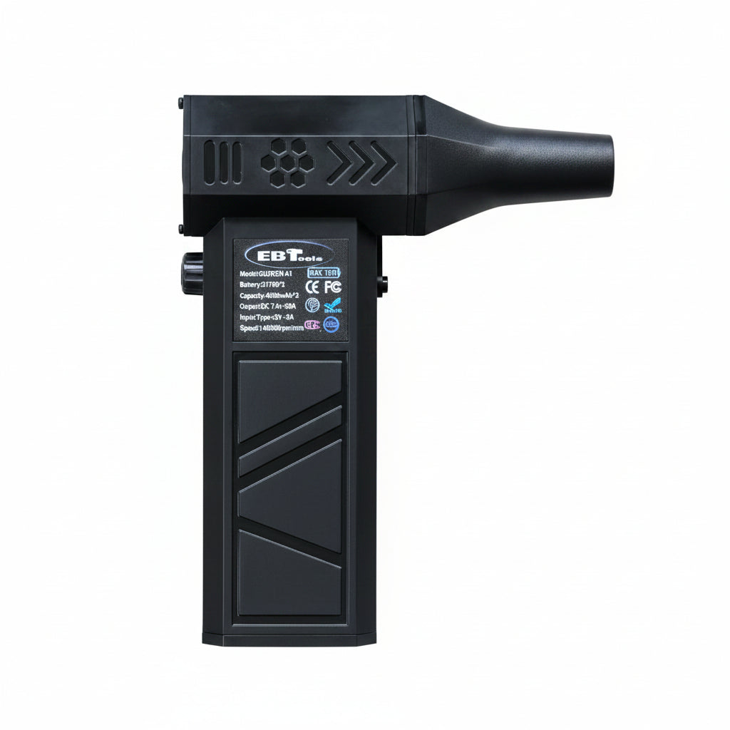 EBTools Handheld Brushless Turbo Fan product image for barber station cleanup and tool maintenance.