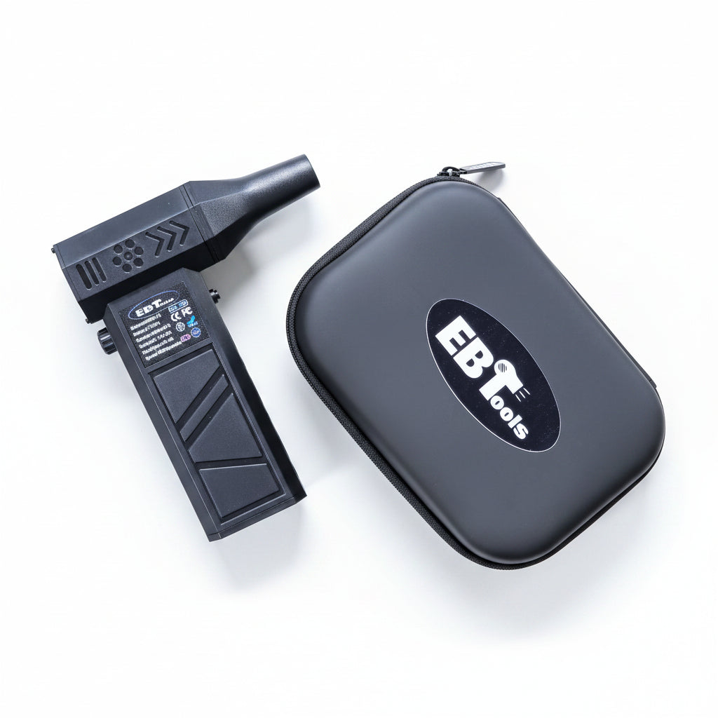 EBTools Handheld Brushless Turbo Fan product image with case for barbershop station cleanup.