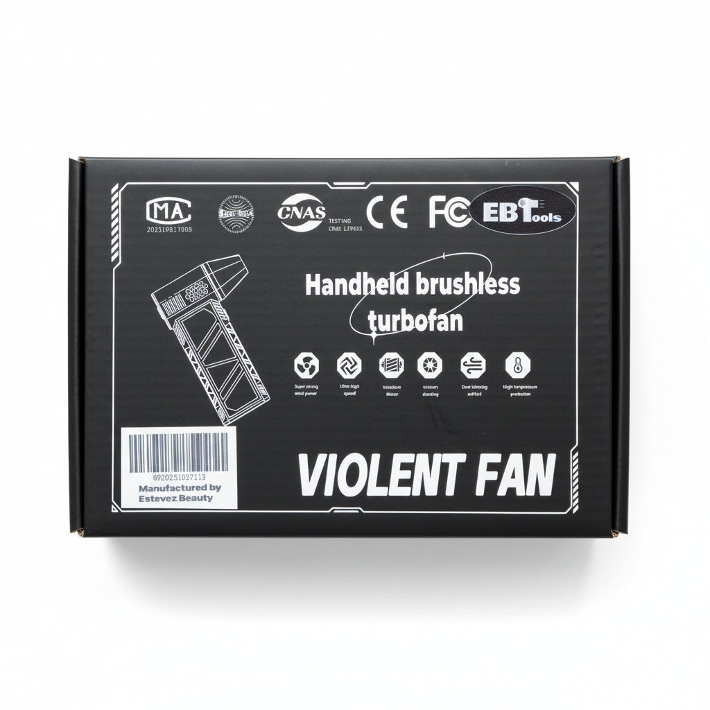 EBTools Handheld Brushless Turbo Fan packaging product image for barbershop station cleanup.