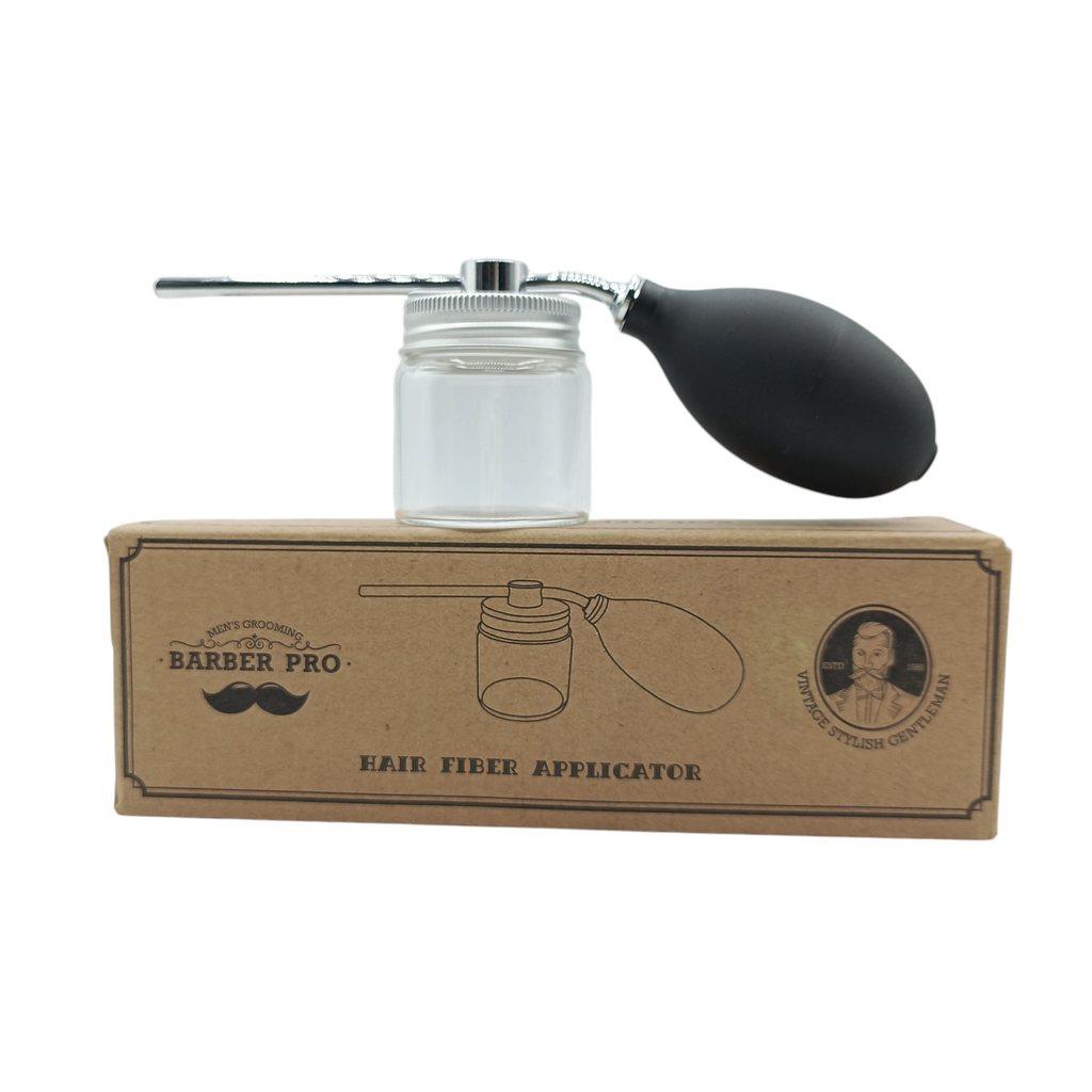 Hair fiber applicator product image for barber hair enhancement and grooming service.