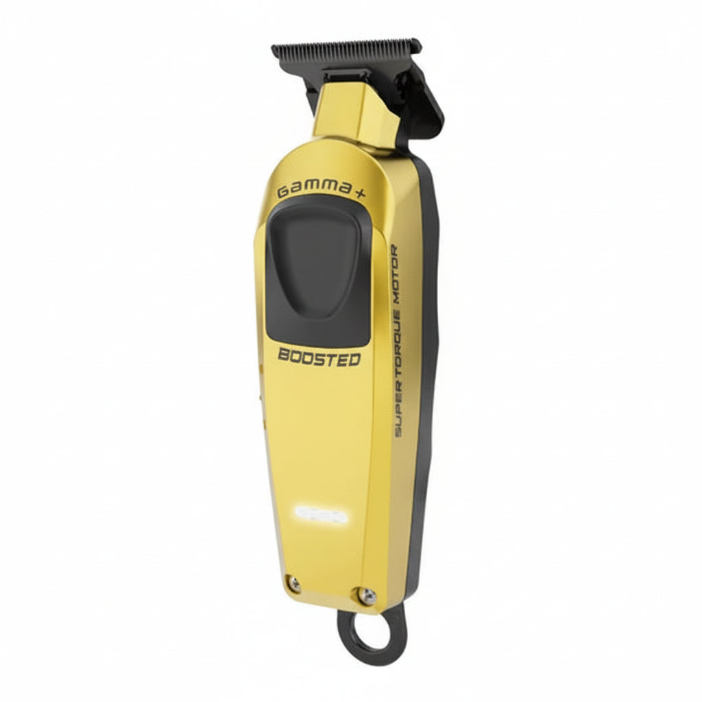 Three Gamma + Boosted Super Torque Motors, with one in yellow, one in black, and one in red, designed for professional barbering.