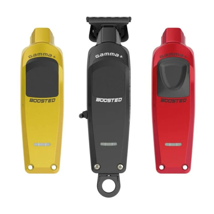 Three Gamma + Boosted Super Torque Motors, with one in yellow, one in black, and one in red, designed for professional barbering.