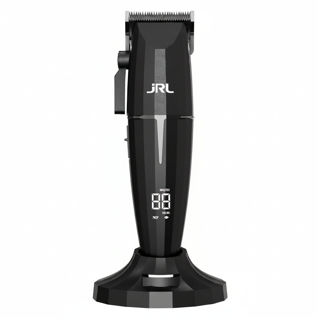 JRL ONYX cordless hair clipper product image with digital display for professional barber cutting work.