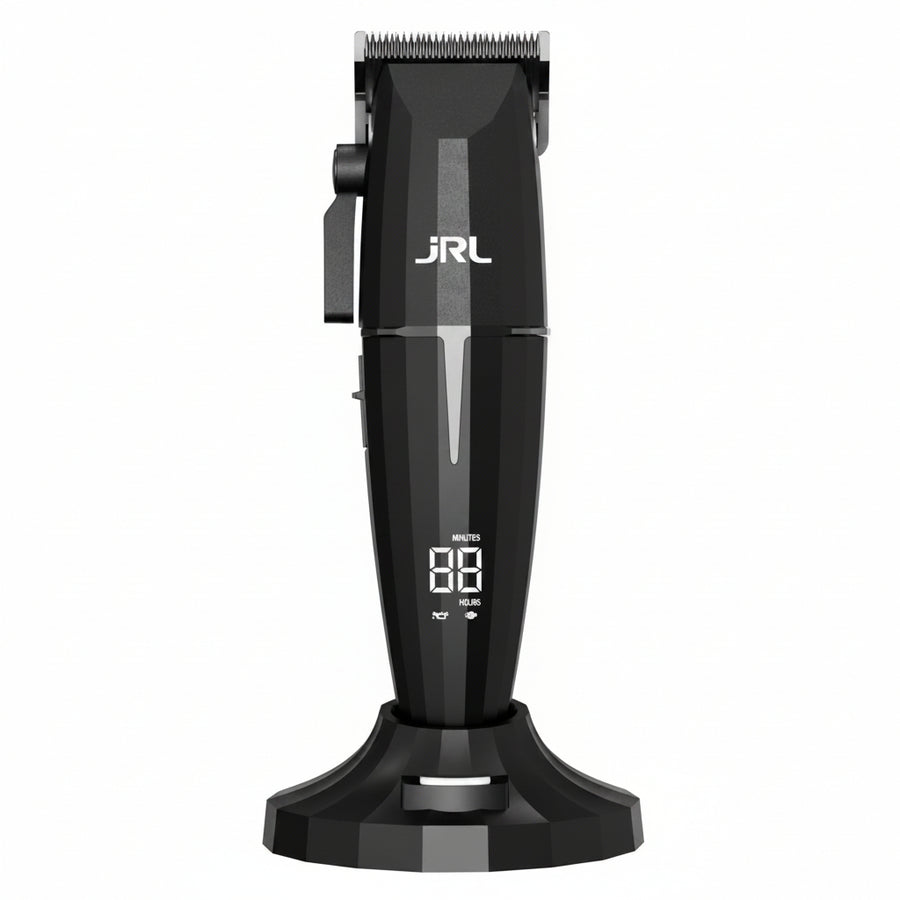 JRL ONYX cordless hair clipper product image with digital display for professional barber cutting work.