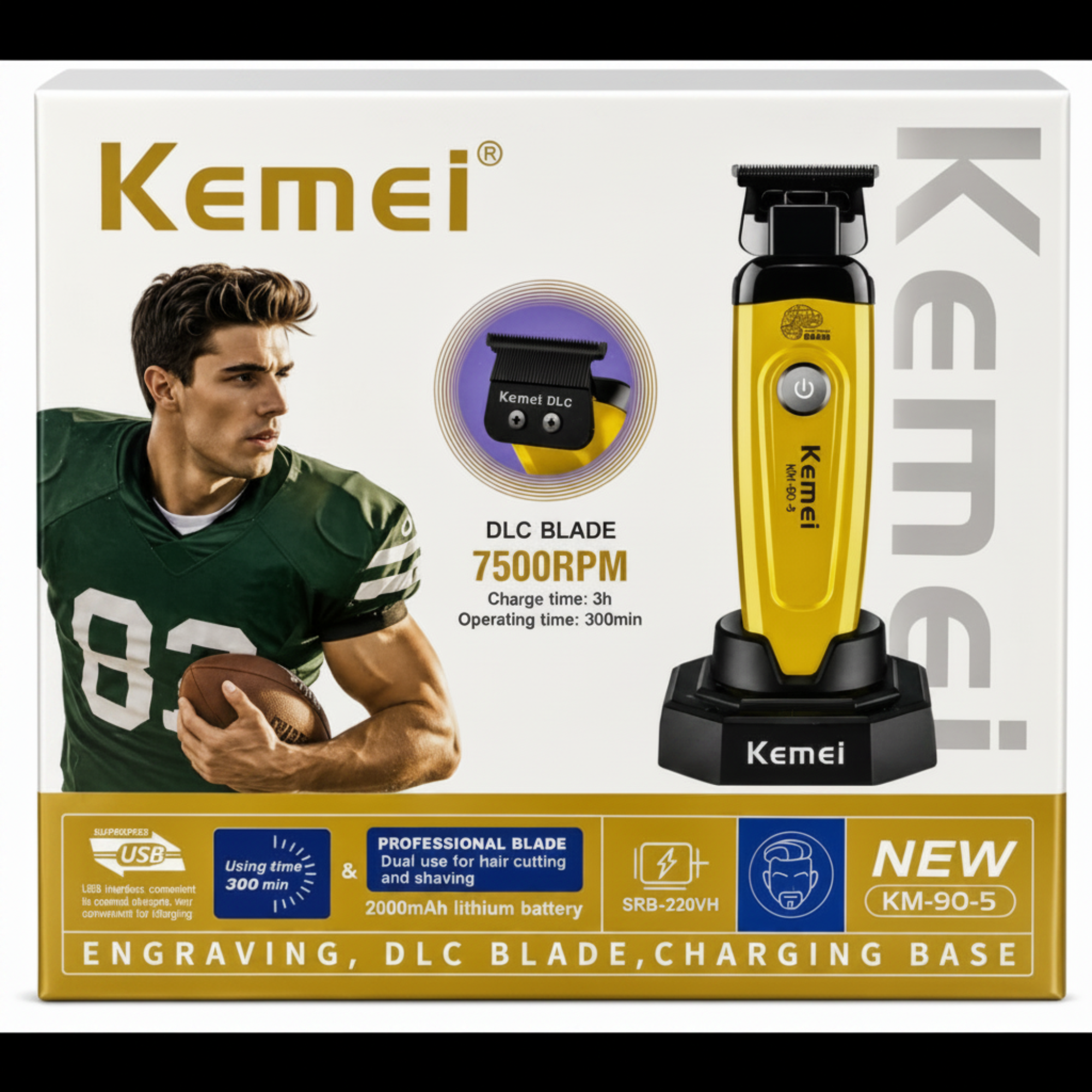 KEMEI 90-5 hair and beard trimmer product packaging image for grooming and barber use.