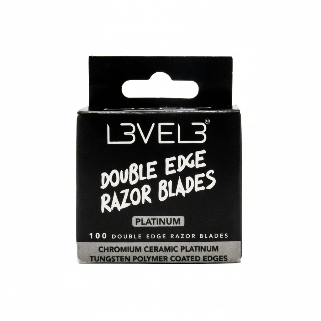 L3VEL3 double edge razor blades 100 count product image for shaving and barber razor service.