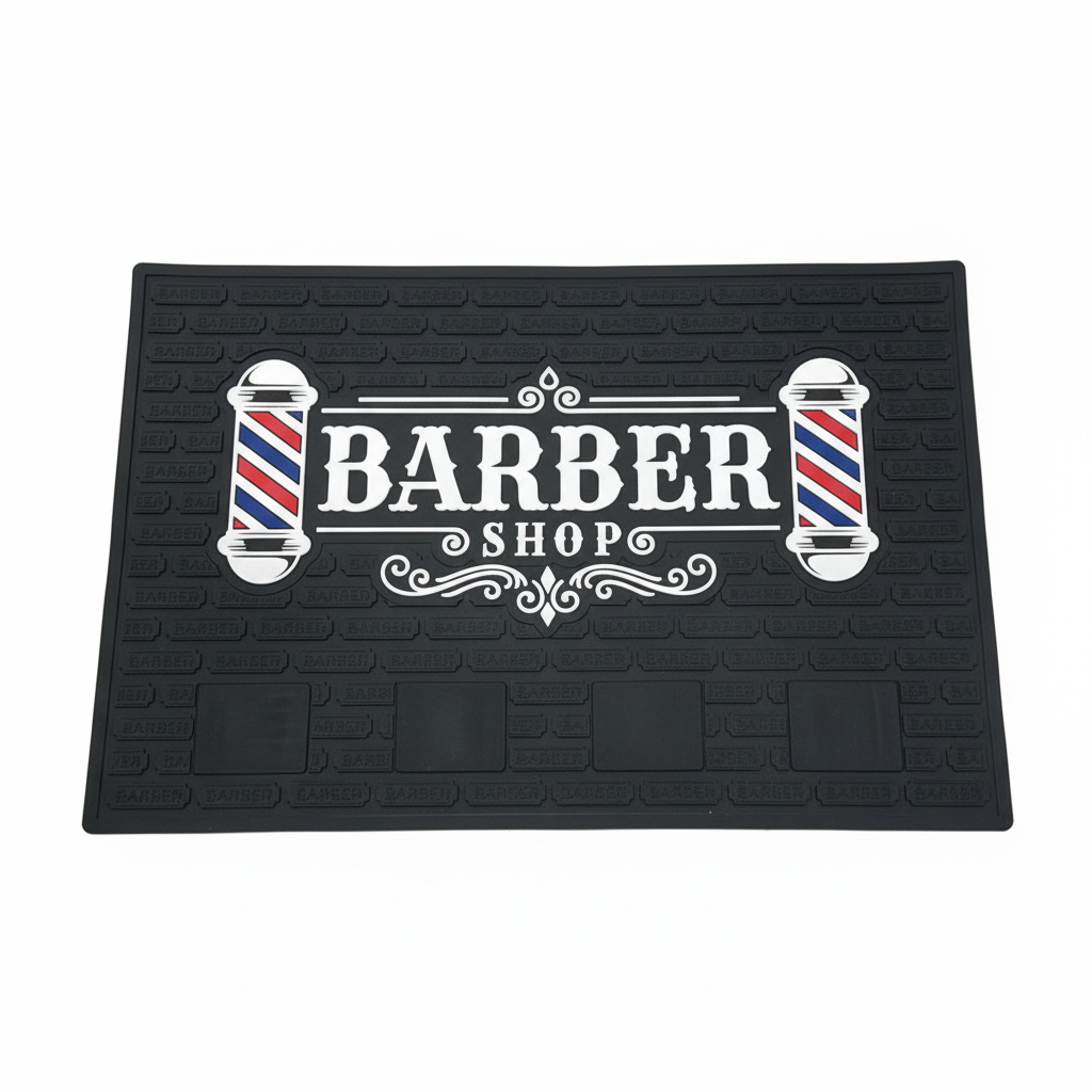 Magnetic barber station mat with barber shop design for clipper and trimmer organization.