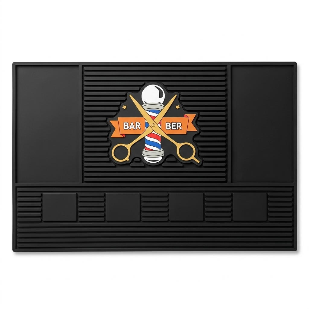 Magnetic clipper and trimmer station mat with barber shop design for tool organization.