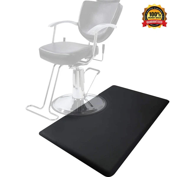 Anti-fatigue barber floor mat product image placed under a salon barber chair for workstation comfort.
