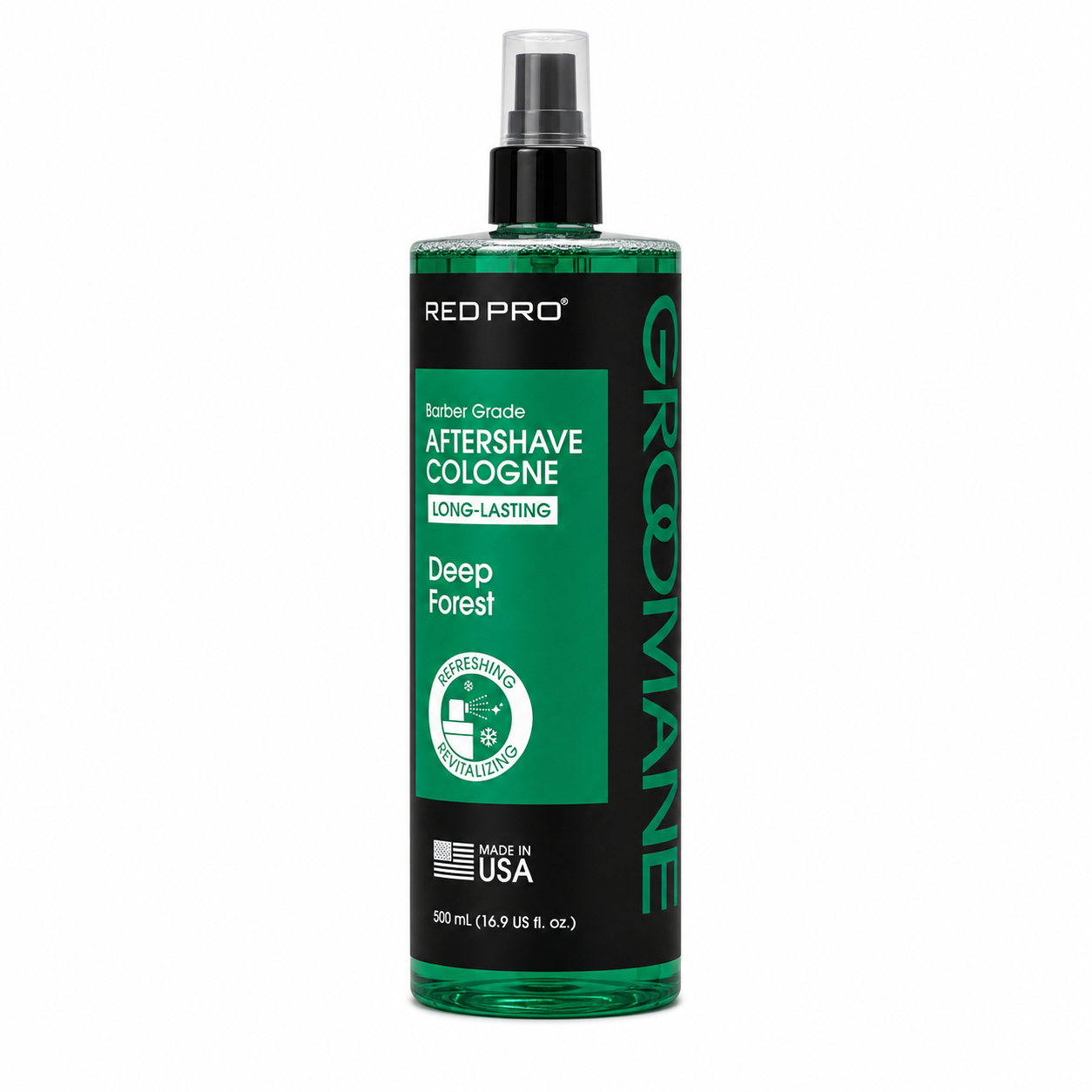 Red Pro Groomane Aftershave Cologne 16.9 oz product image with green label.