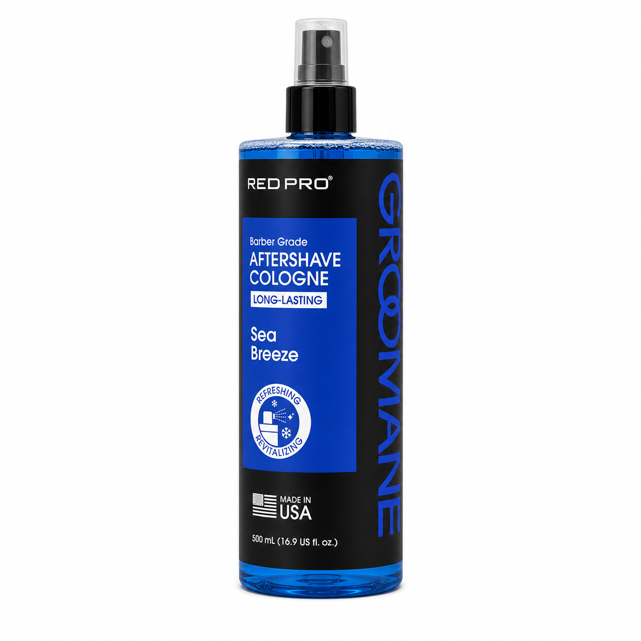 Red Pro Groomane Aftershave Cologne 16.9 oz product image with blue and black label.