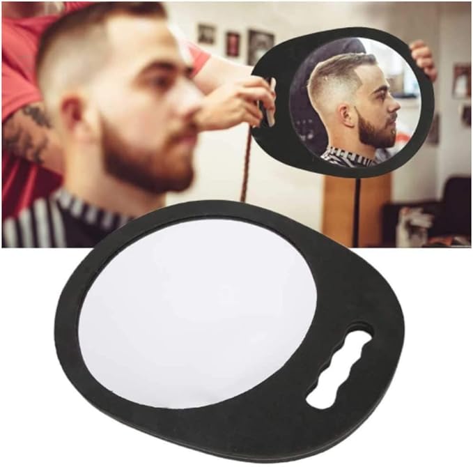 Round foam mirror with handle product image for barber station use.