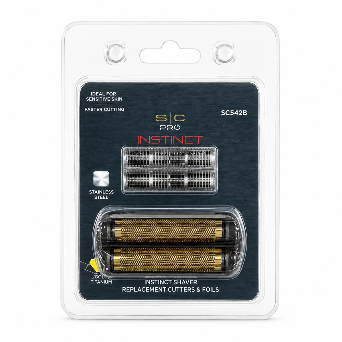 S.C Pro Instinct replacement shaver cutters and foils in a clear blister pack with a black backing card.