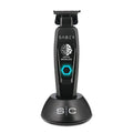 A professional cordless hair trimmer with a full metal body, digital brushless motor, and a black color scheme. The product is displayed on a stand with a clear on/off power button and branding.