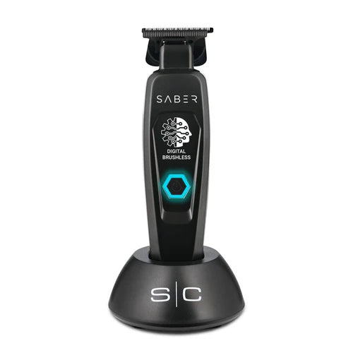 A professional cordless hair trimmer with a full metal body, digital brushless motor, and a black color scheme. The product is displayed on a stand with a clear on/off power button and branding.
