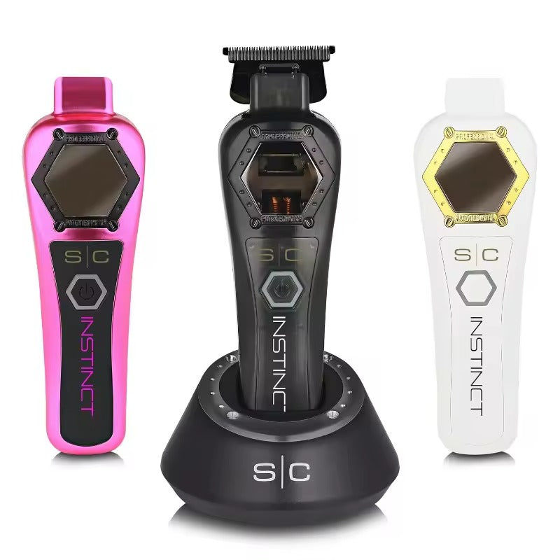Three professional cordless hair trimmers, one in pink, one in black, and one in white, displayed vertically next to each other on a stand, with the brand name visible.