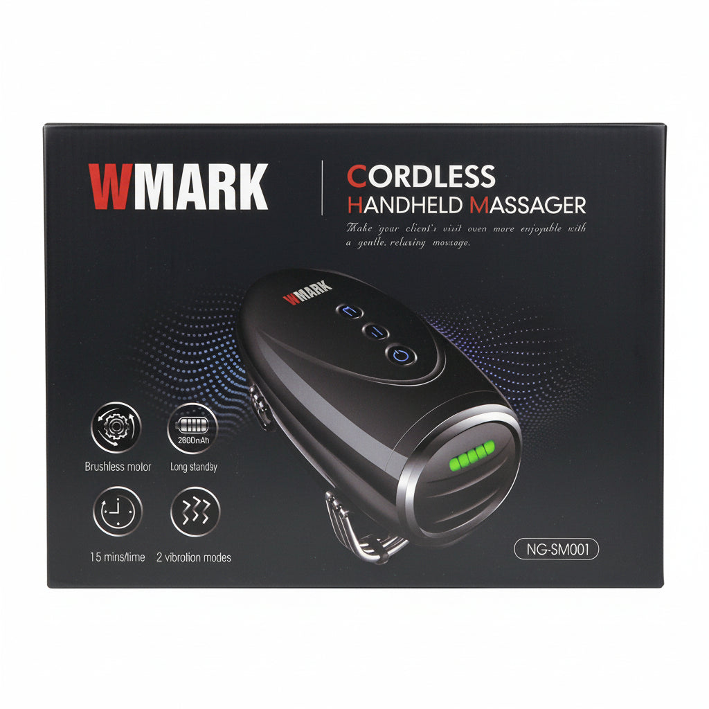 WMARK cordless handheld massager packaging product image for grooming and barbershop service.