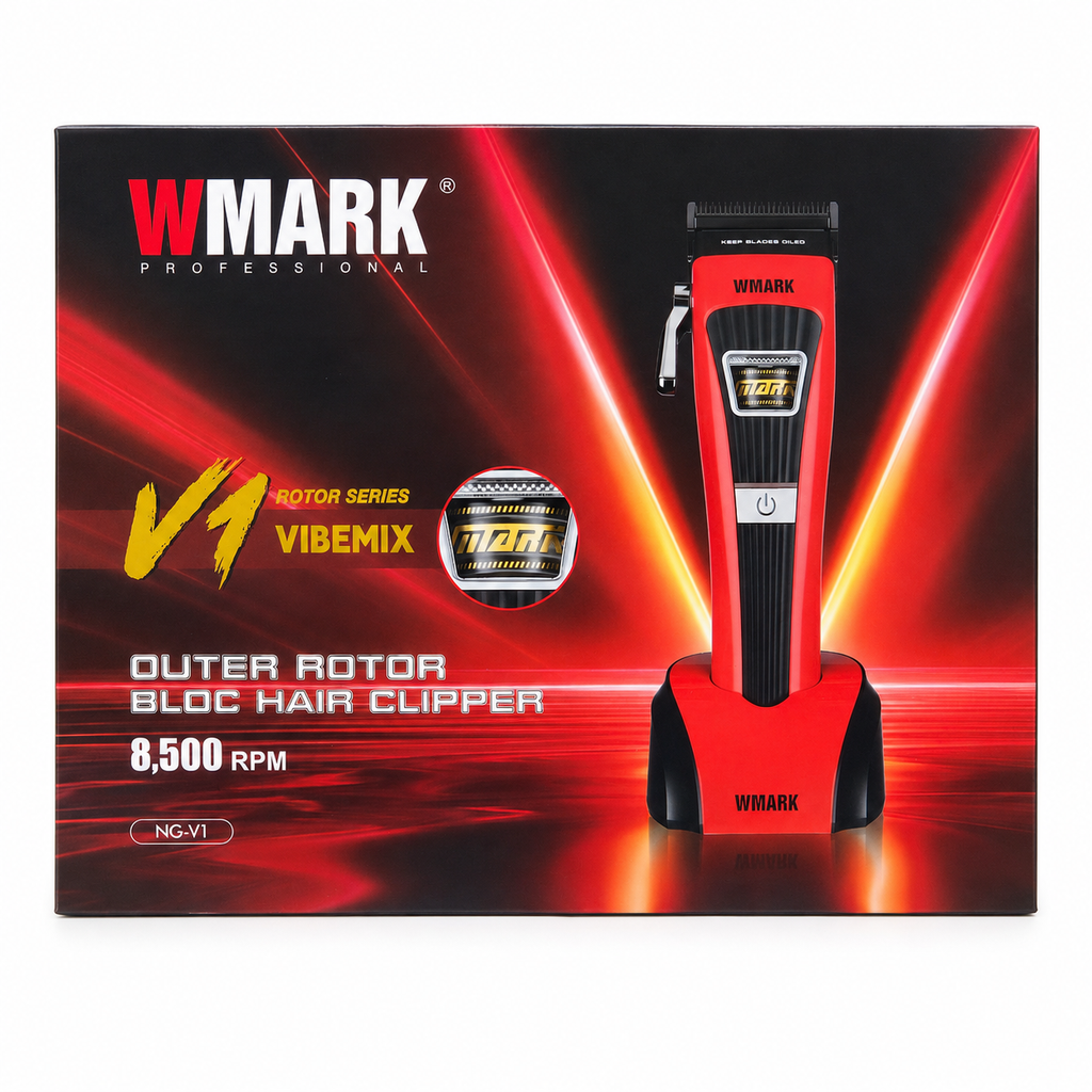 Wmark Professional V1 Motor Series Vibemix outer rotor bloc hair clipper in red and black, shown on its retail packaging box with red and black graphic design.