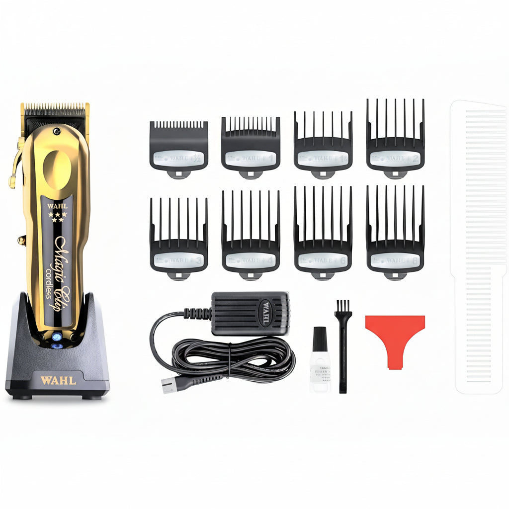 Wahl 5 Star Magic Clip Gold cordless clipper kit product image with attachments.