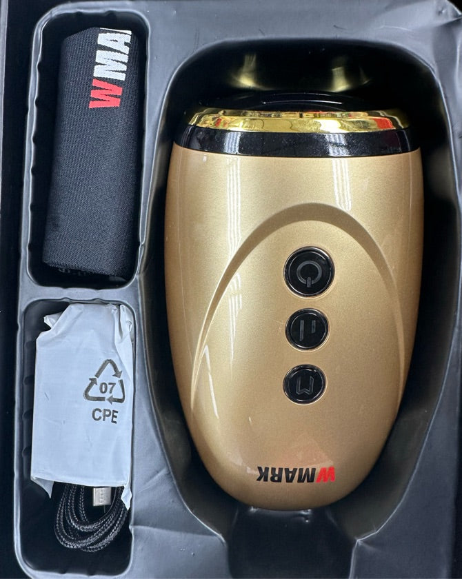 WMARK cordless handheld massager product image with accessories for grooming and barbershop service.