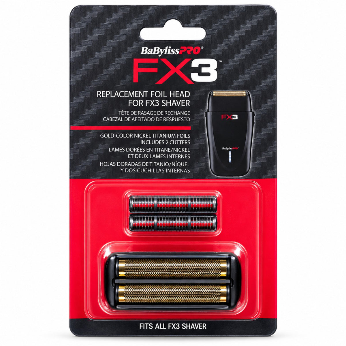 BaBylissPRO FX3 FXX3RFB black replacement double-foil shaver head and two cutters in original retail packaging