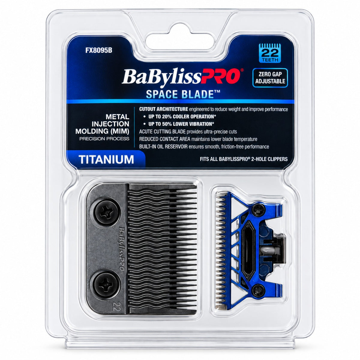 BaBylissPRO FX8095B 22-tooth MIM Space Blade black titanium clipper replacement in clear retail packaging