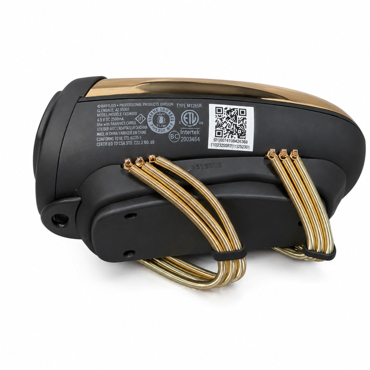BaBylissPRO VIBEFX Gold massager back view with flexible coil straps and product label
