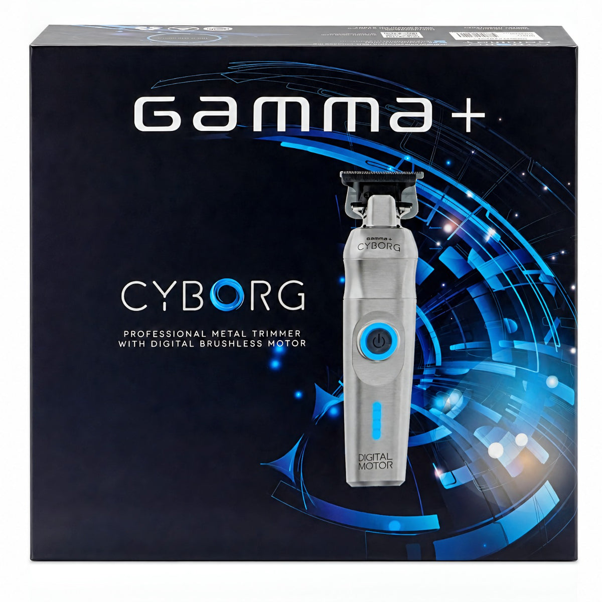 Gamma+ Cyborg Professional Metal Trimmer GP604M retail box with silver trimmer and blue accents