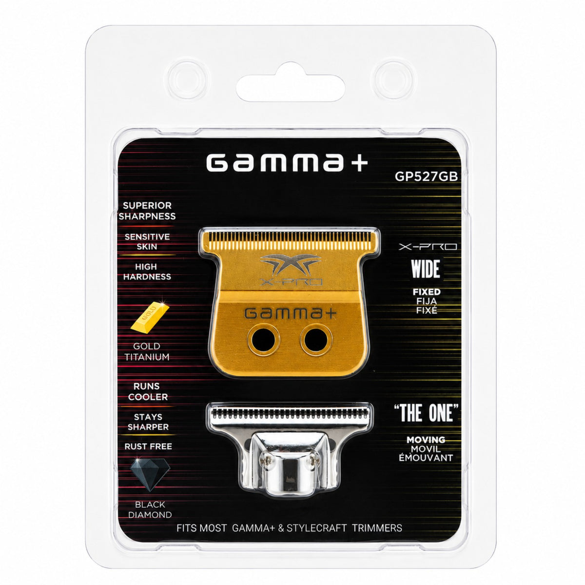 GAMMA+ GP527GB X-Pro Wide Gold Titanium fixed blade with Black Diamond DLC The One moving cutter replacement blade set