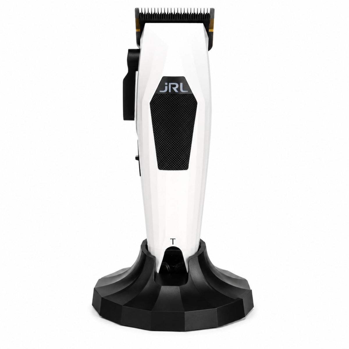 JRL 3000C white compact professional cordless clipper with taper blade on charging dock