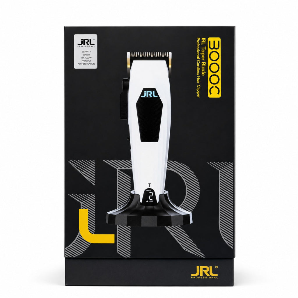 JRL 3000C white compact professional cordless clipper retail box with taper blade