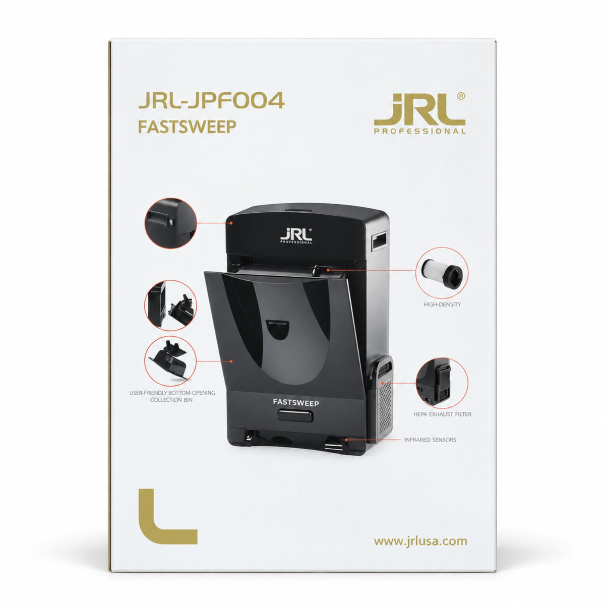 JRL FastSweep JRL-JPF004 automatic stationary hair vacuum retail box showing black floor vacuum, infrared sensors, dust bin and filters