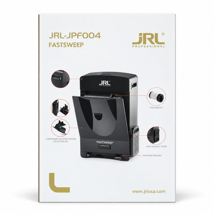 JRL FastSweep JRL-JPF004 automatic stationary hair vacuum retail box showing black floor vacuum, infrared sensors, dust bin and filters