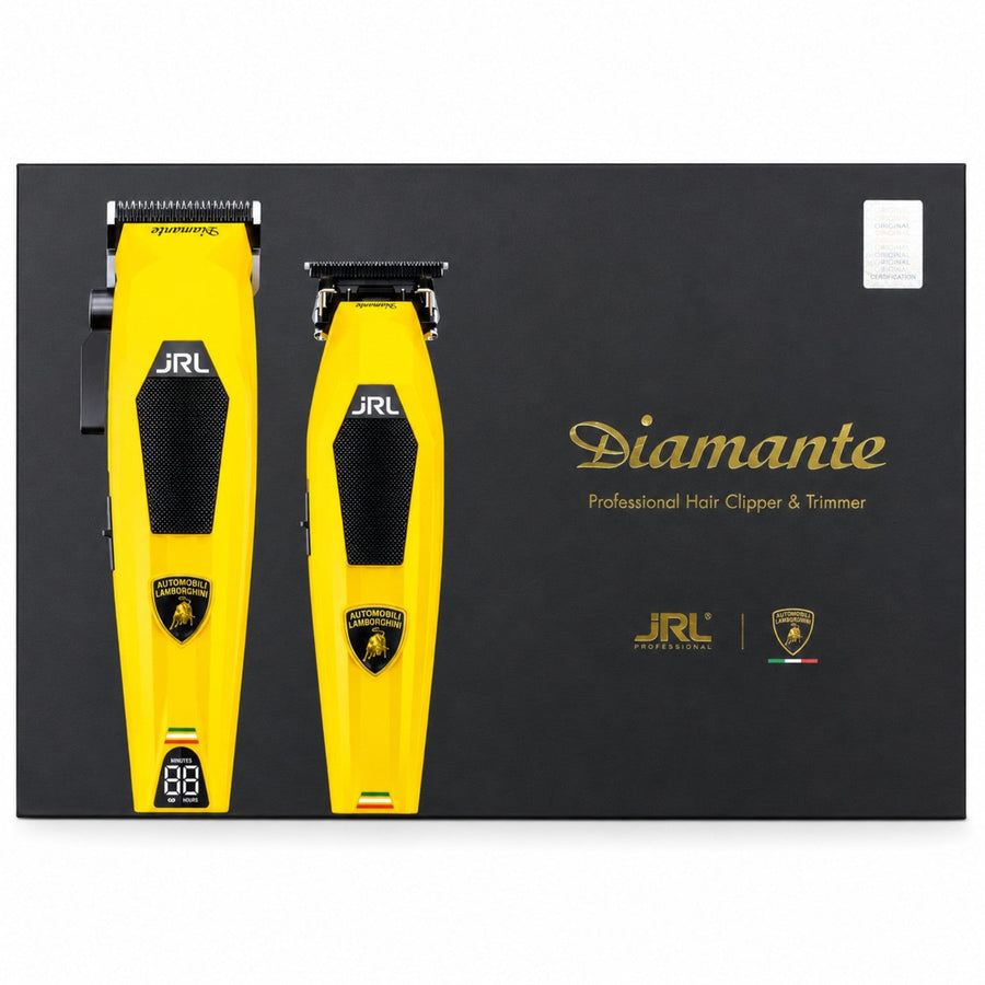 JRL x Lamborghini Diamante cordless clipper and trimmer set in yellow, retail box