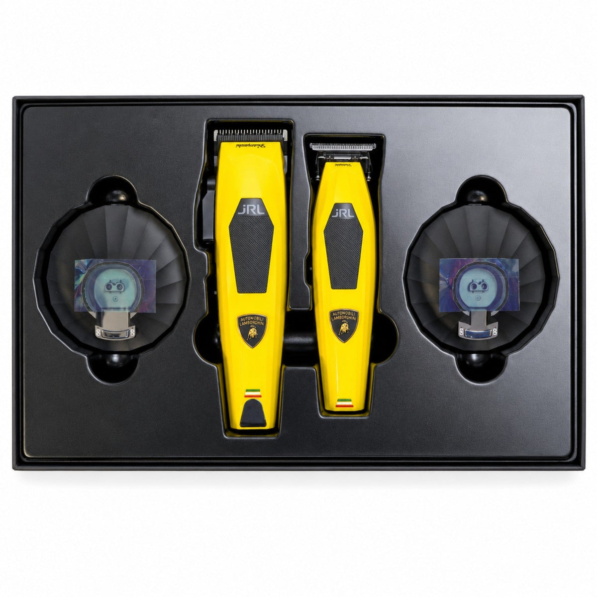 JRL x Lamborghini Diamante yellow clipper and trimmer set with two Reset IQ charging docks