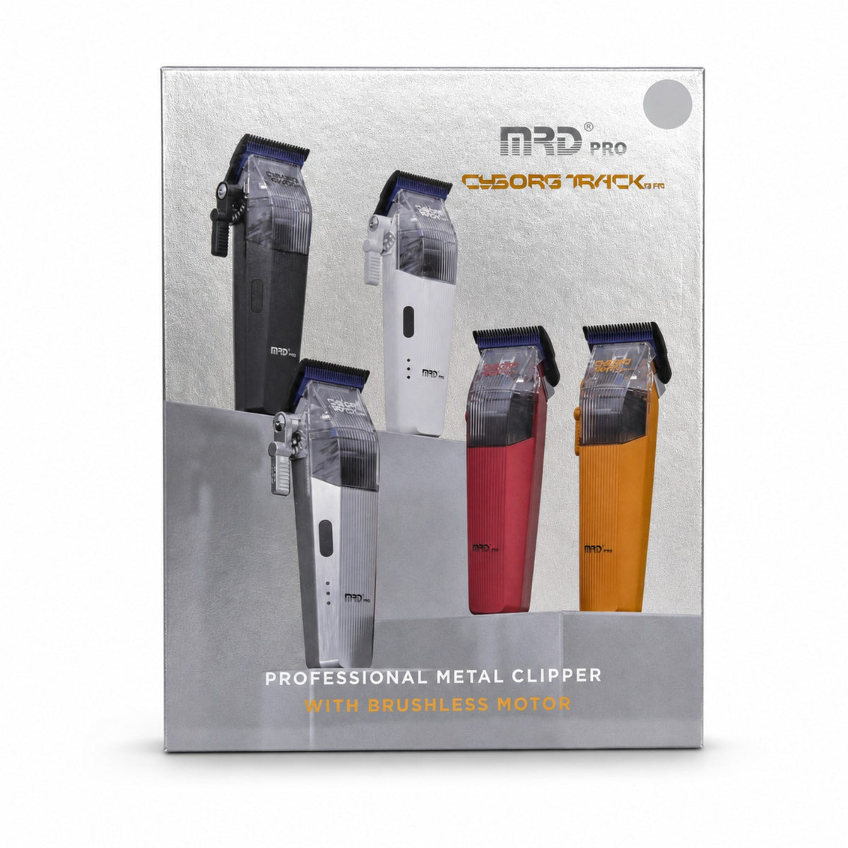 MRD Pro Cyborg Track GTR professional metal clipper retail box showing available colors