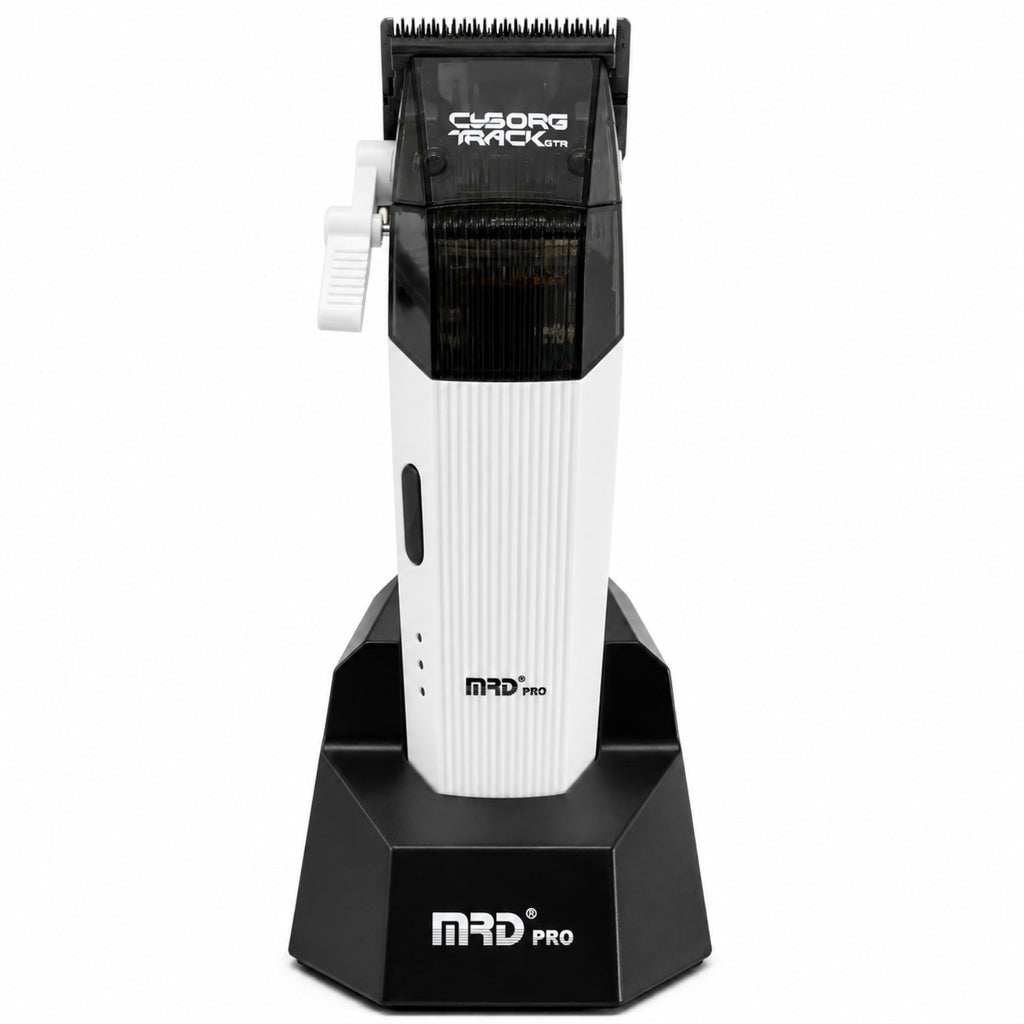 MRD Pro Cyborg Track GTR professional cordless clipper in white on charging stand