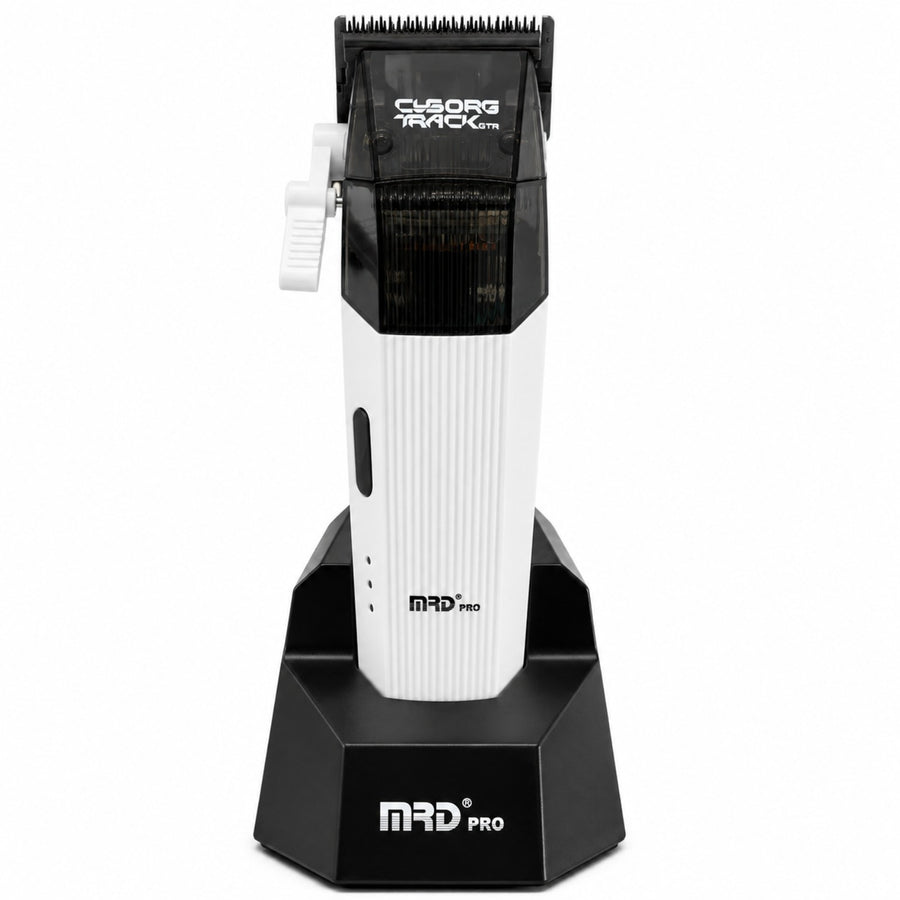 MRD Pro Cyborg Track GTR professional cordless clipper in white on charging stand