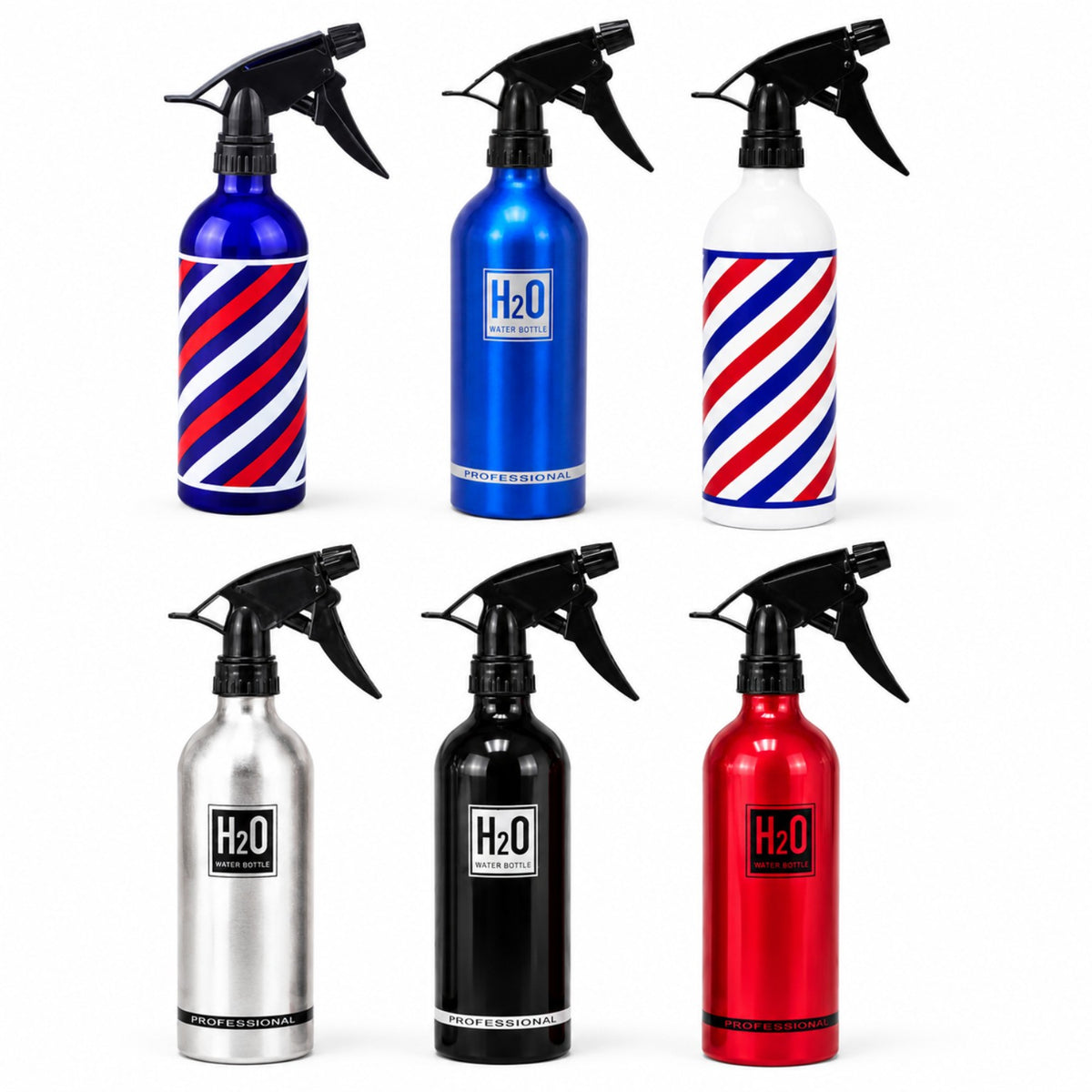 Professional aluminum barber spray bottle in six available color and barber pole styles