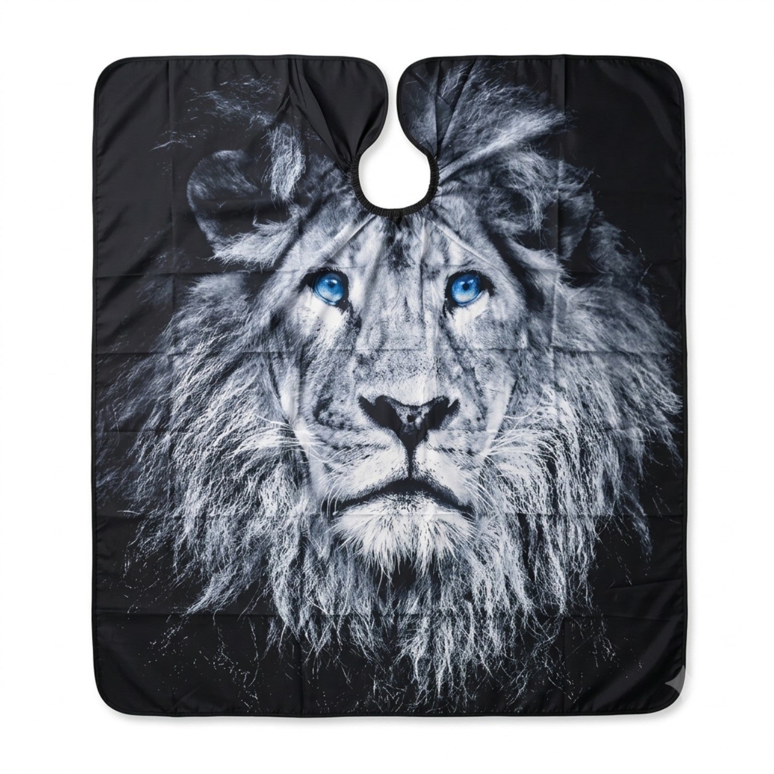 Professional black barber cape with a grayscale lion face and vivid blue eyes