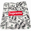 Professional barber cape with dollar bill print in white, black, green, and red