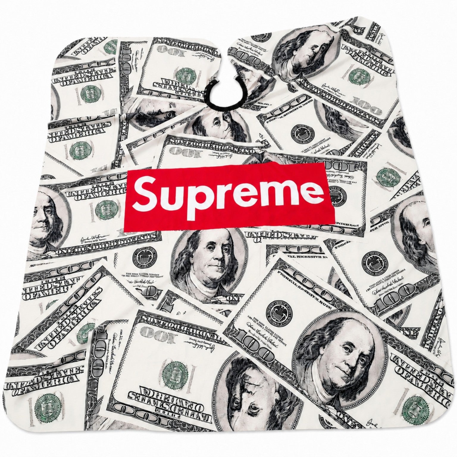 Professional barber cape with dollar bill print in white, black, green, and red